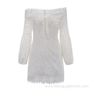 Women Puff Sleeve Shoulder Off Lace Embroidery Dress